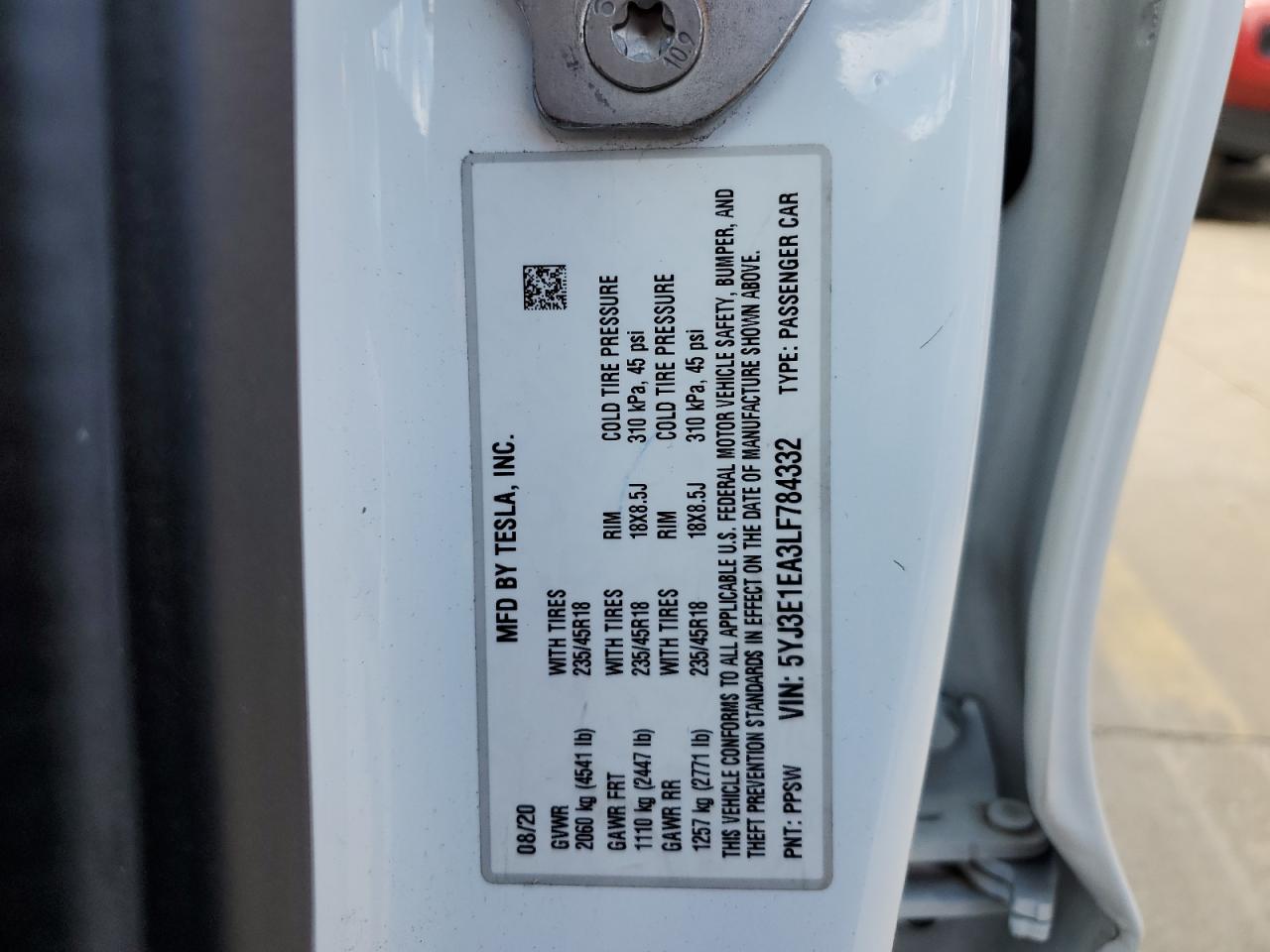 5YJ3E1EA3LF784332 2020 Tesla Model 3