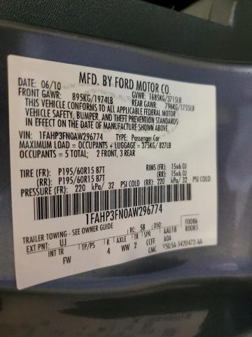 2010 Ford Focus Se VIN: 1FAHP3FN0AW296774 Lot: 60258984