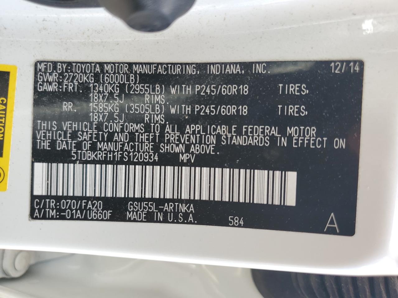 5TDBKRFH1FS120934 2015 Toyota Highlander Le