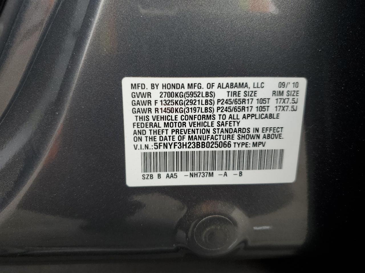 5FNYF3H23BB025066 2011 Honda Pilot Lx