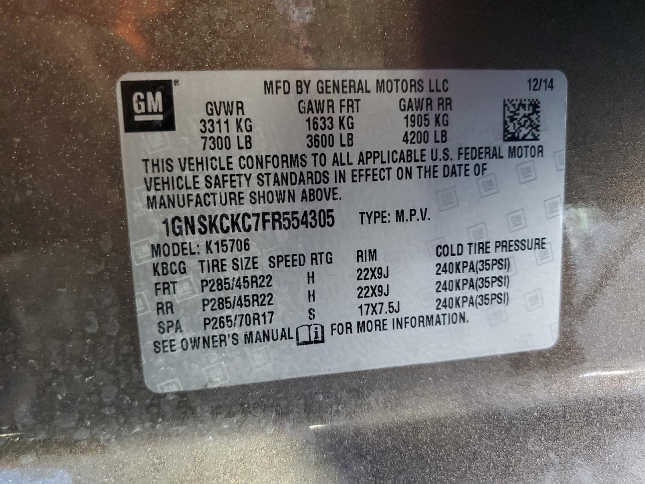 1GNSKCKC7FR554305 2015 Chevrolet Tahoe K1500 Ltz