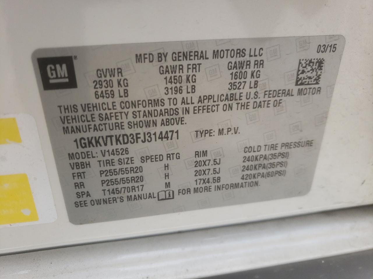 1GKKVTKD3FJ314471 2015 GMC Acadia Denali