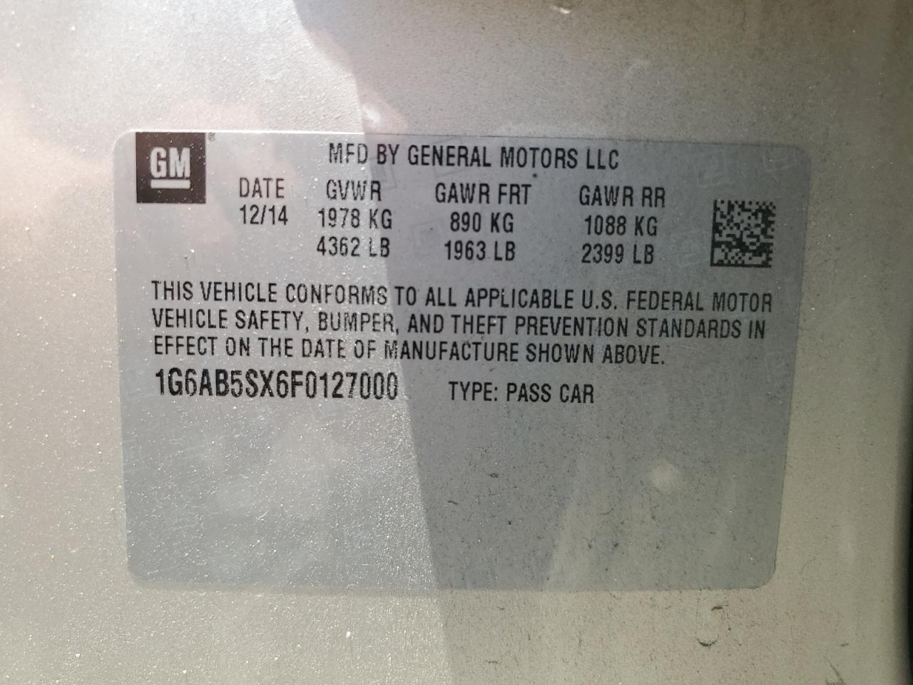 1G6AB5SX6F0127000 2015 Cadillac Ats Luxury