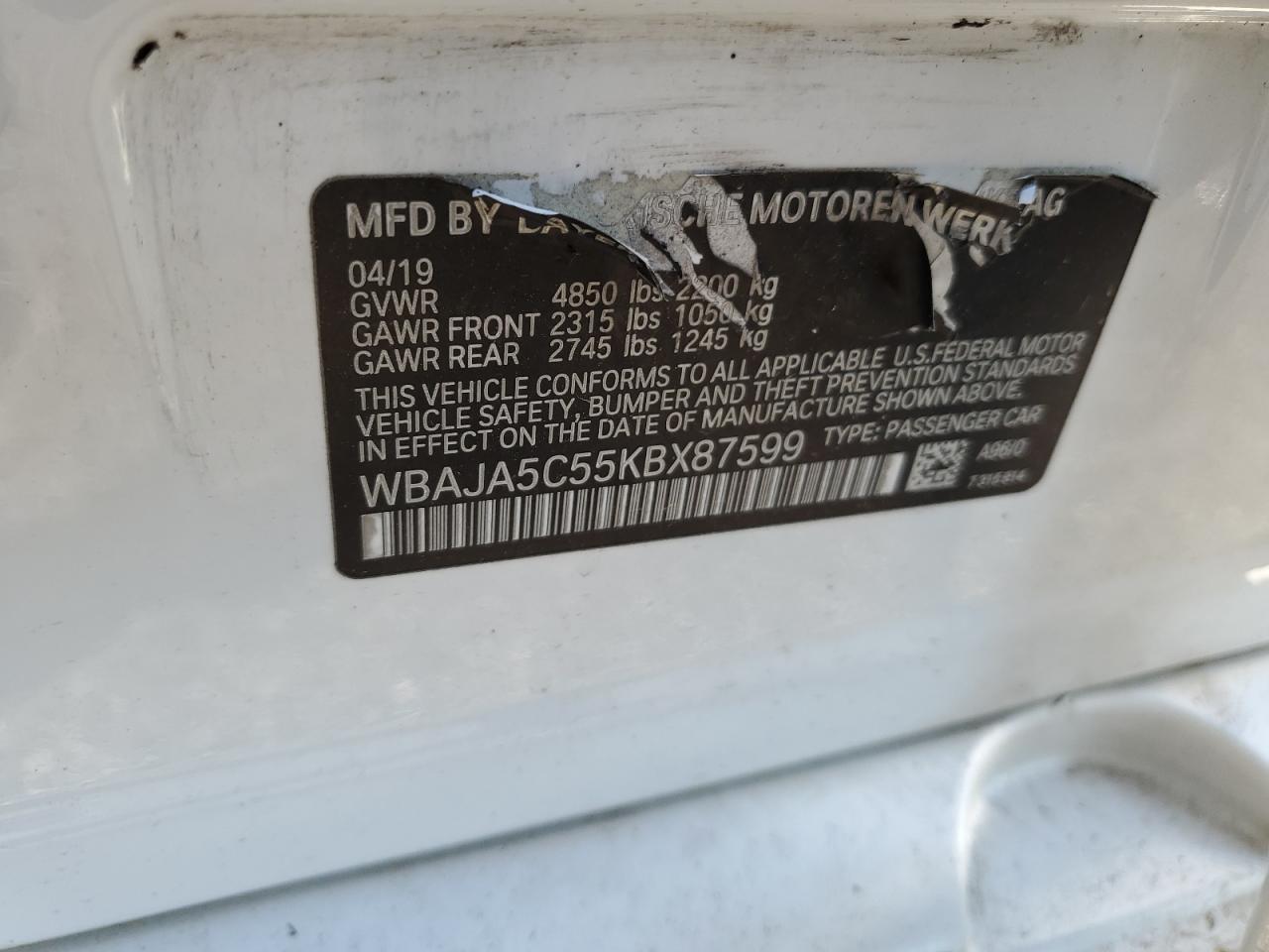 WBAJA5C55KBX87599 2019 BMW 530 I