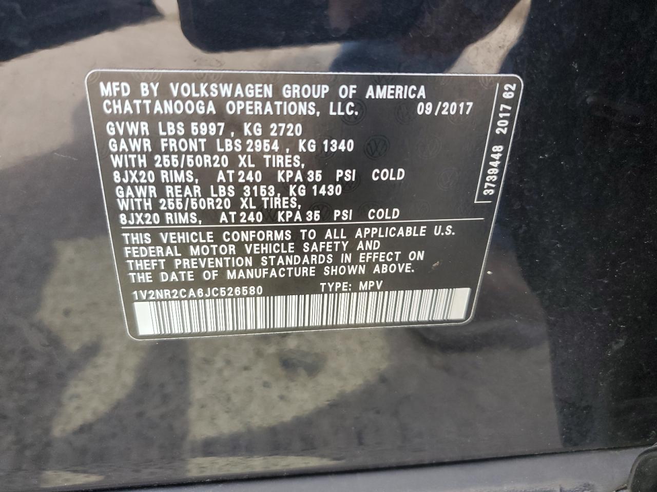 1V2NR2CA6JC526580 2018 Volkswagen Atlas Sel Premium