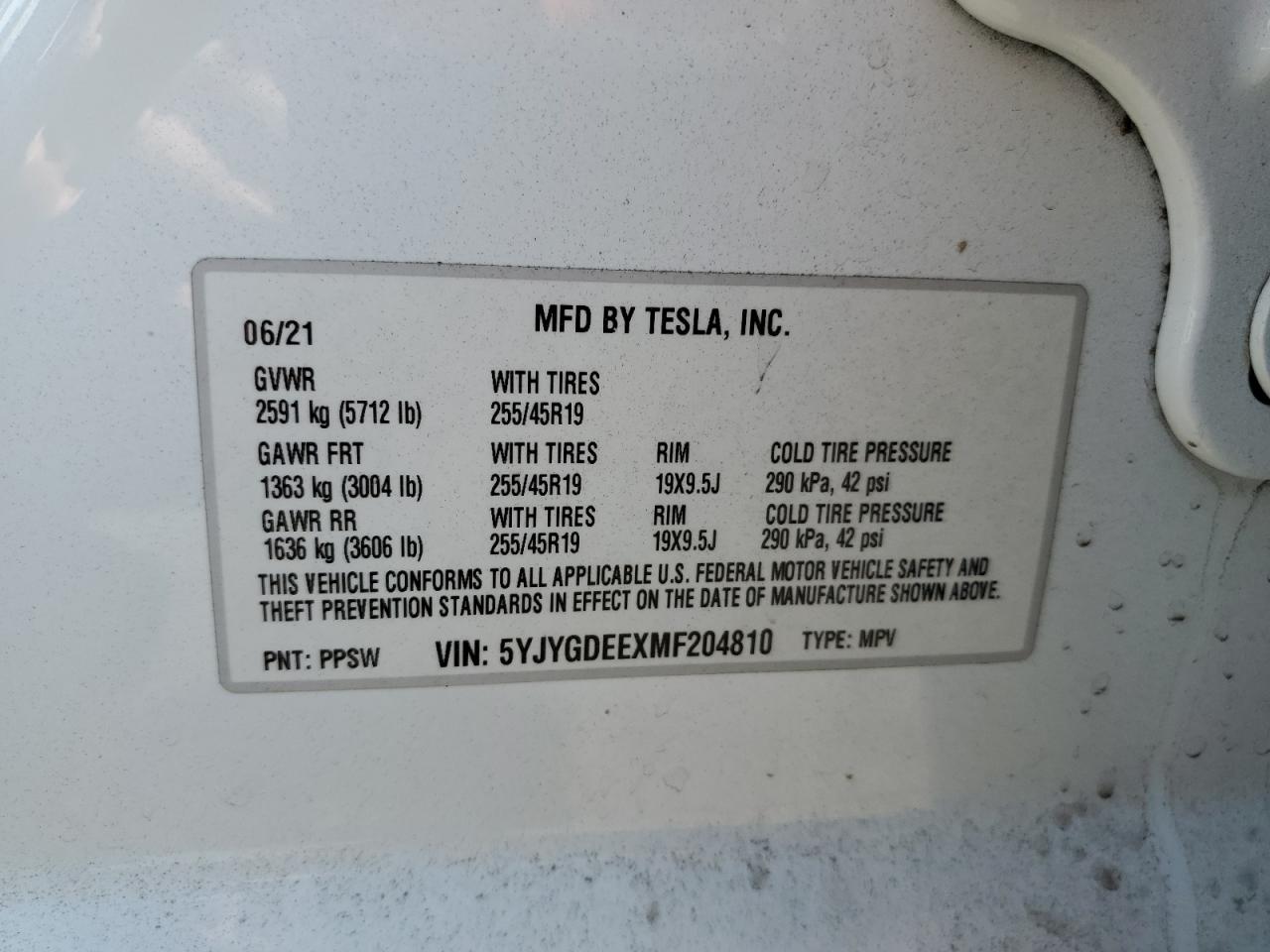 5YJYGDEEXMF204810 2021 Tesla Model Y