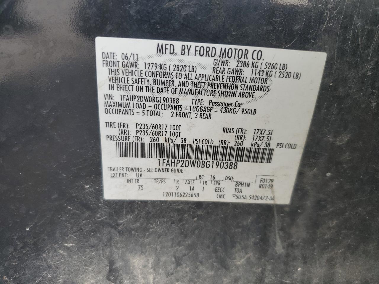 1FAHP2DW0BG190388 2011 Ford Taurus Se