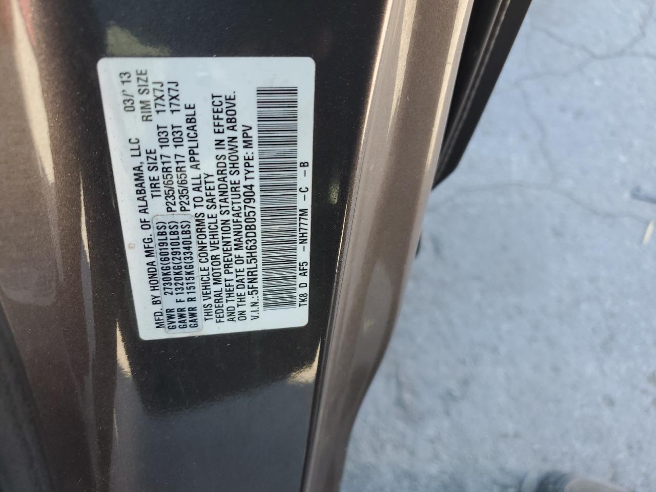 5FNRL5H63DB057904 2013 Honda Odyssey Exl