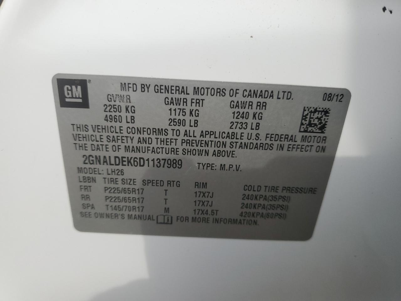2GNALDEK6D1137989 2013 Chevrolet Equinox Lt