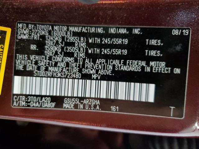 2019 Toyota Highlander Limited VIN: 5TDDZRFH3KS723480 Lot: 57716594