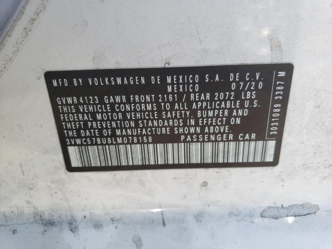 3VWC57BU8LM078158 2020 Volkswagen Jetta S