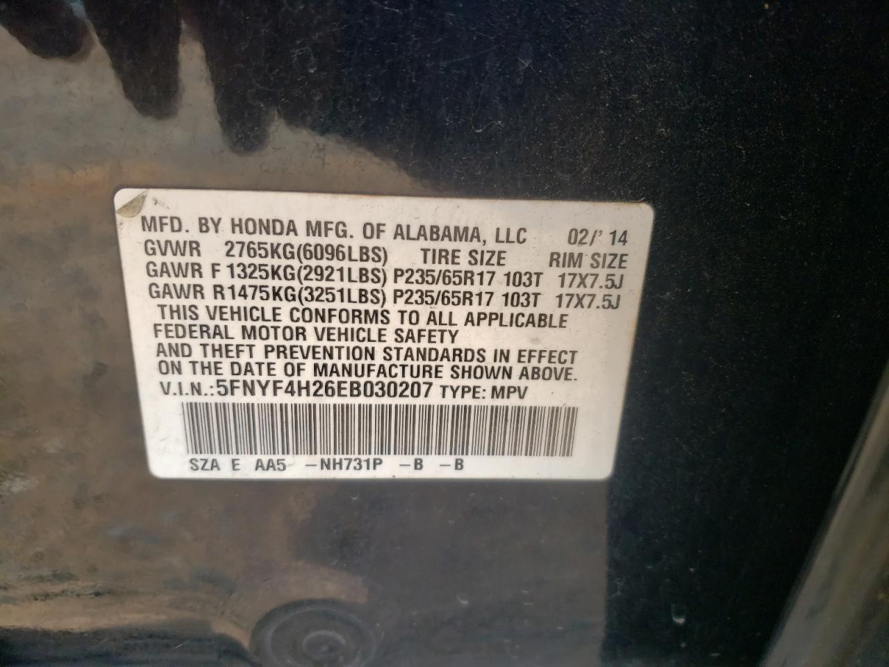 5FNYF4H26EB030207 2014 Honda Pilot Lx
