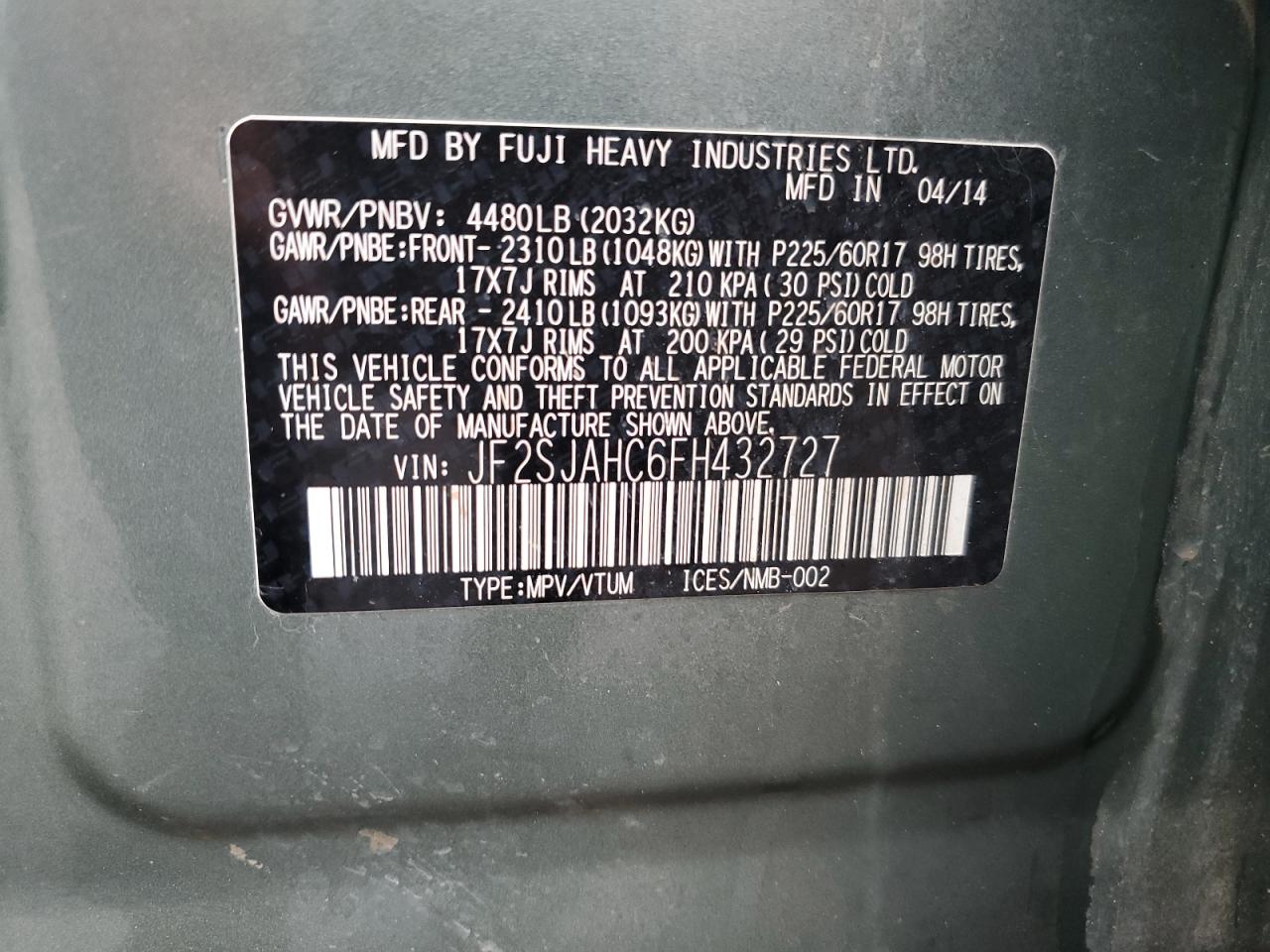 JF2SJAHC6FH432727 2015 Subaru Forester 2.5I Limited