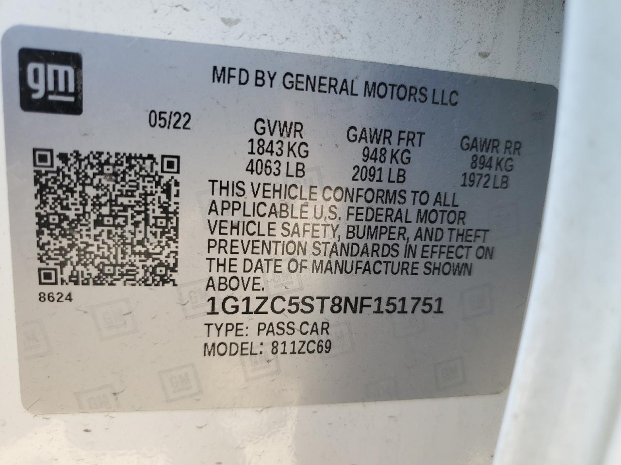 1G1ZC5ST8NF151751 2022 Chevrolet Malibu Ls