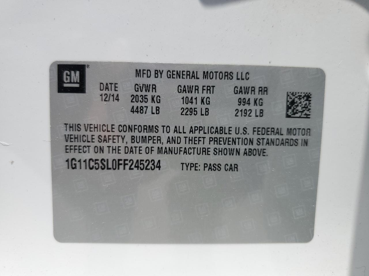 1G11C5SL0FF245234 2015 Chevrolet Malibu 1Lt