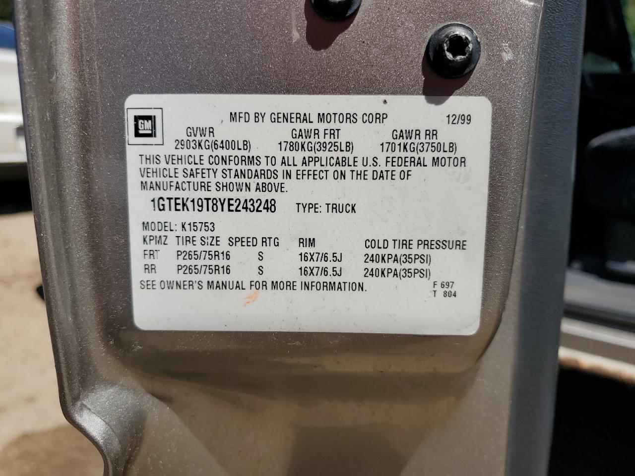 1GTEK19T8YE243248 2000 GMC New Sierra K1500