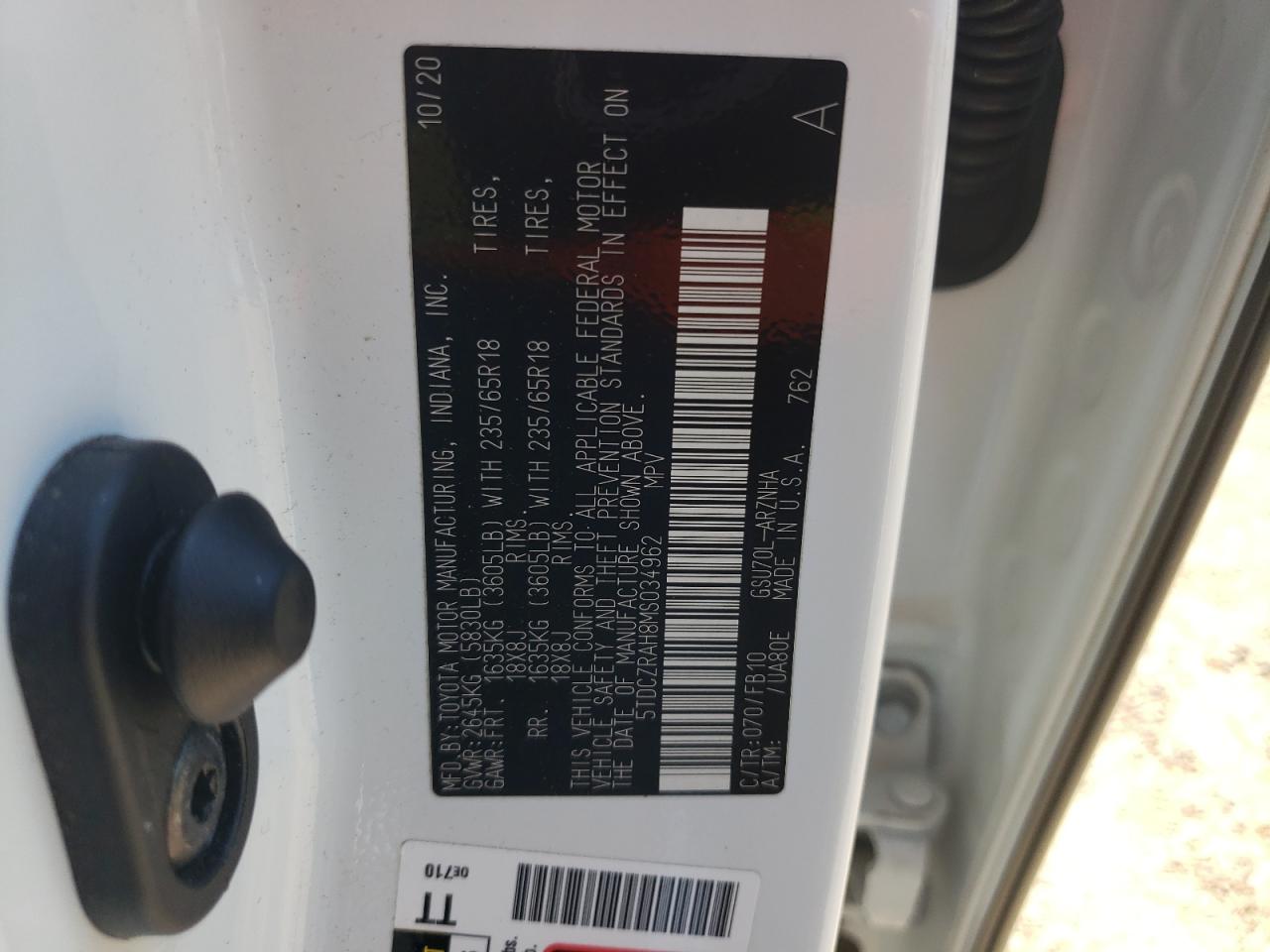 5TDCZRAH8MS034962 2021 Toyota Highlander L