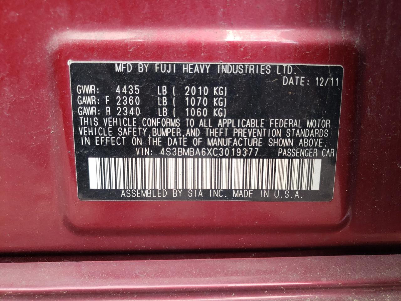 4S3BMBA6XC3019377 2012 Subaru Legacy 2.5I