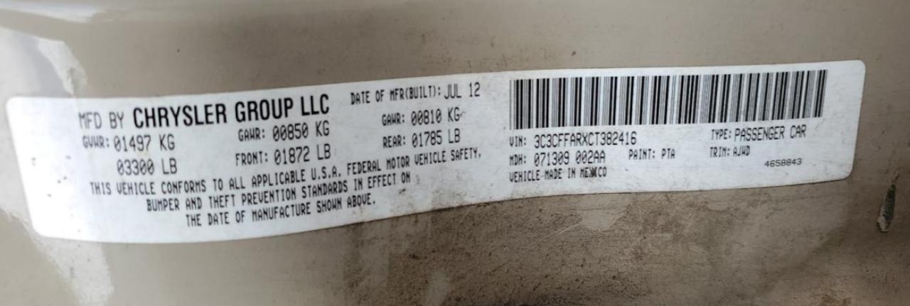 3C3CFFARXCT382416 2012 Fiat 500 Pop