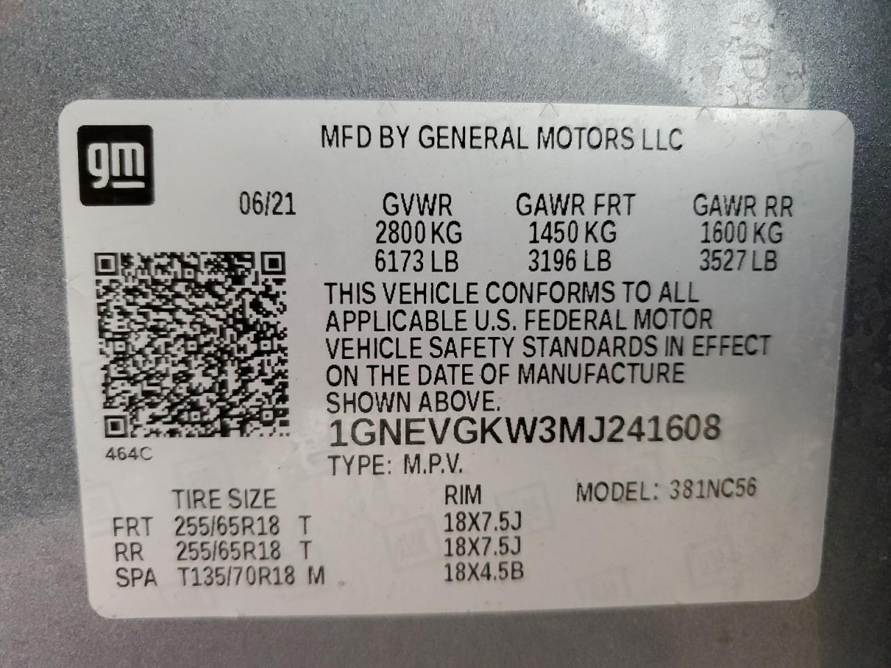 1GNEVGKW3MJ241608 2021 Chevrolet Traverse Lt