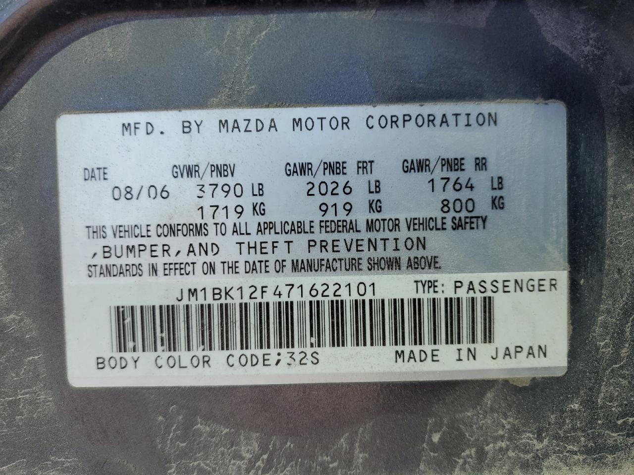 JM1BK12F471622101 2007 Mazda 3 I