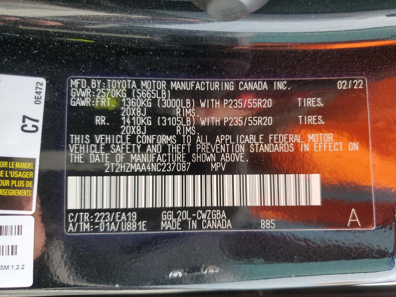 2T2HZMAA4NC237087 2022 Lexus Rx 350