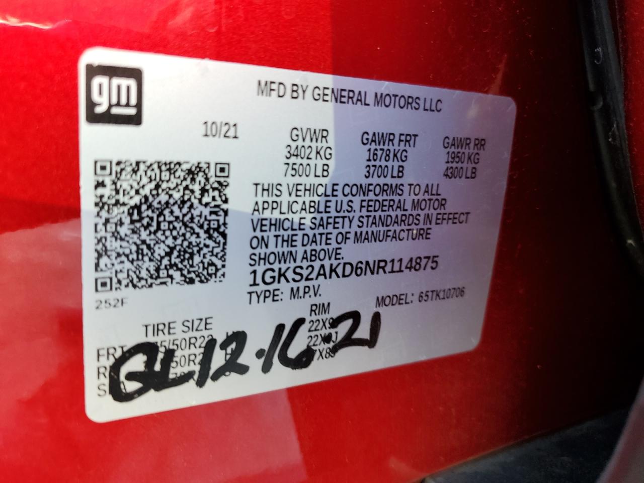 1GKS2AKD6NR114875 2022 GMC Yukon Sle