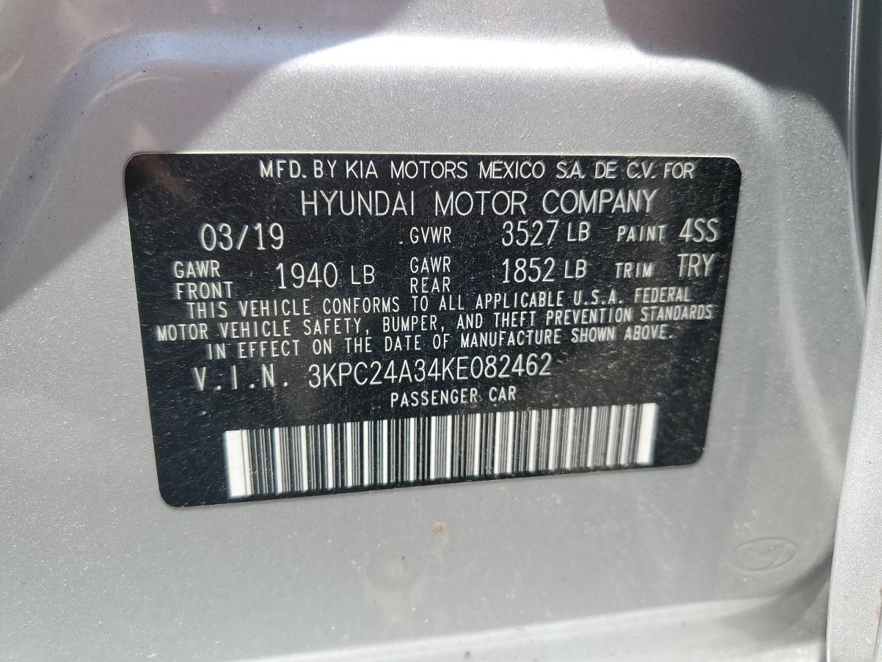 3KPC24A34KE082462 2019 Hyundai Accent Se