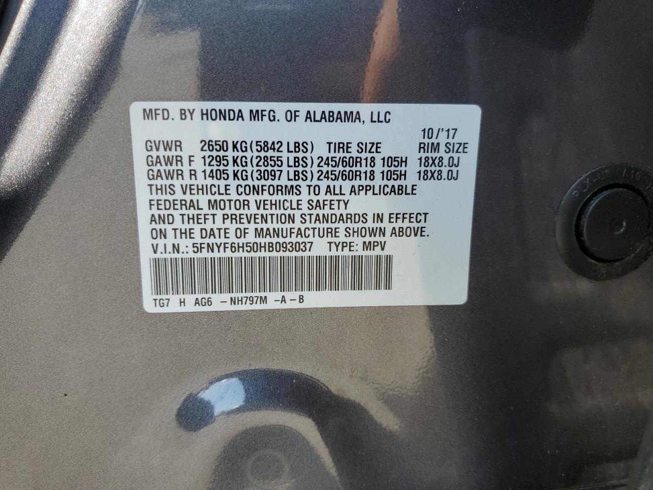 5FNYF6H50HB093037 2017 Honda Pilot Exl