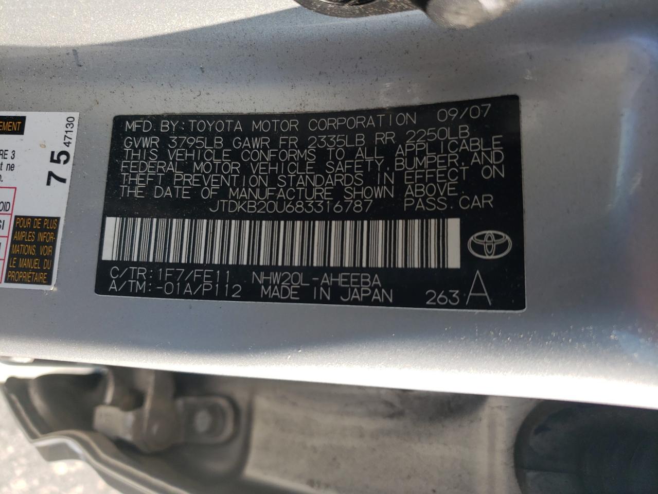 JTDKB20U683316787 2008 Toyota Prius