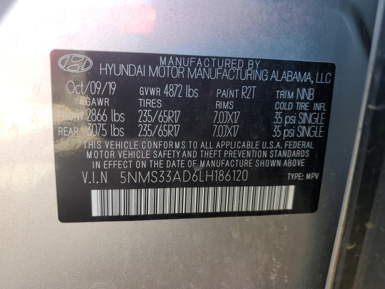 5NMS33AD6LH186120 2020 Hyundai Santa Fe Sel