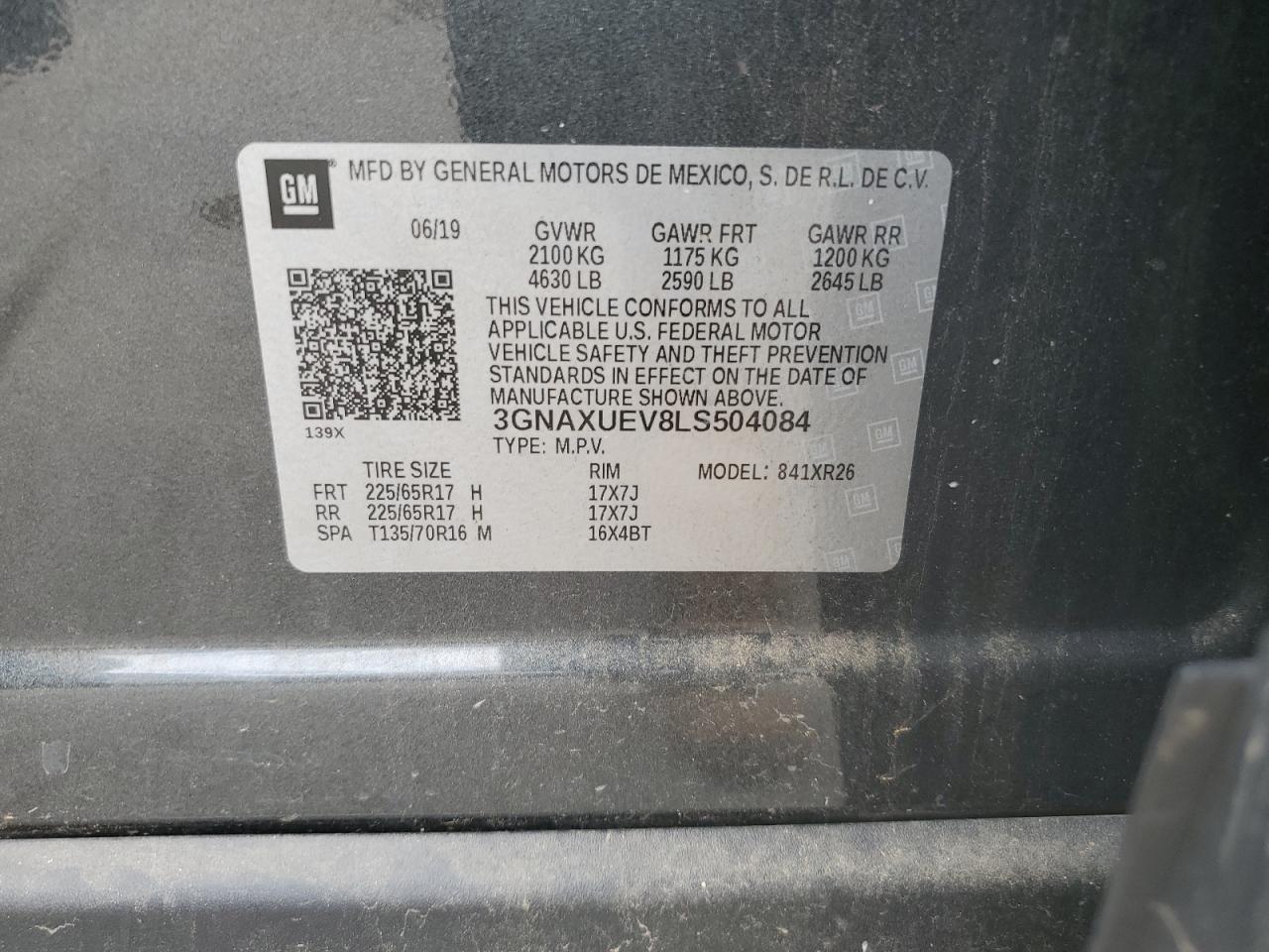 3GNAXUEV8LS504084 2020 Chevrolet Equinox Lt