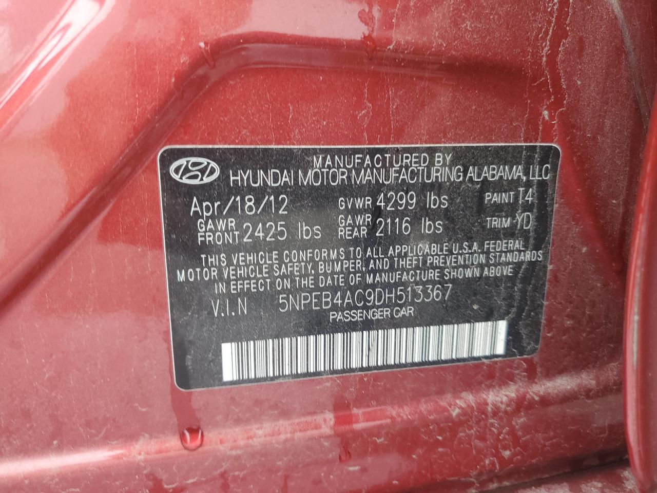 5NPEB4AC9DH513367 2013 Hyundai Sonata Gls