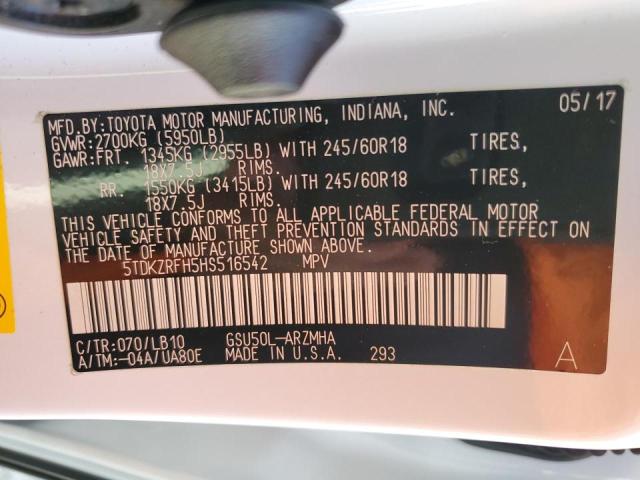 2017 Toyota Highlander Se VIN: 5TDKZRFH5HS516542 Lot: 56582424