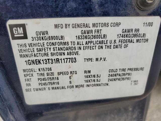 2001 Chevrolet Tahoe K1500 VIN: 1GNEK13T31R117703 Lot: 60896804