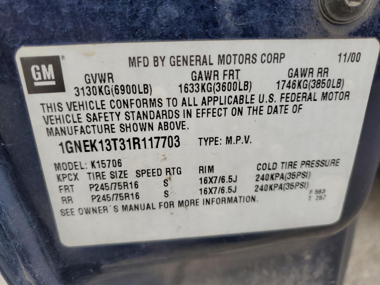 1GNEK13T31R117703 2001 Chevrolet Tahoe K1500