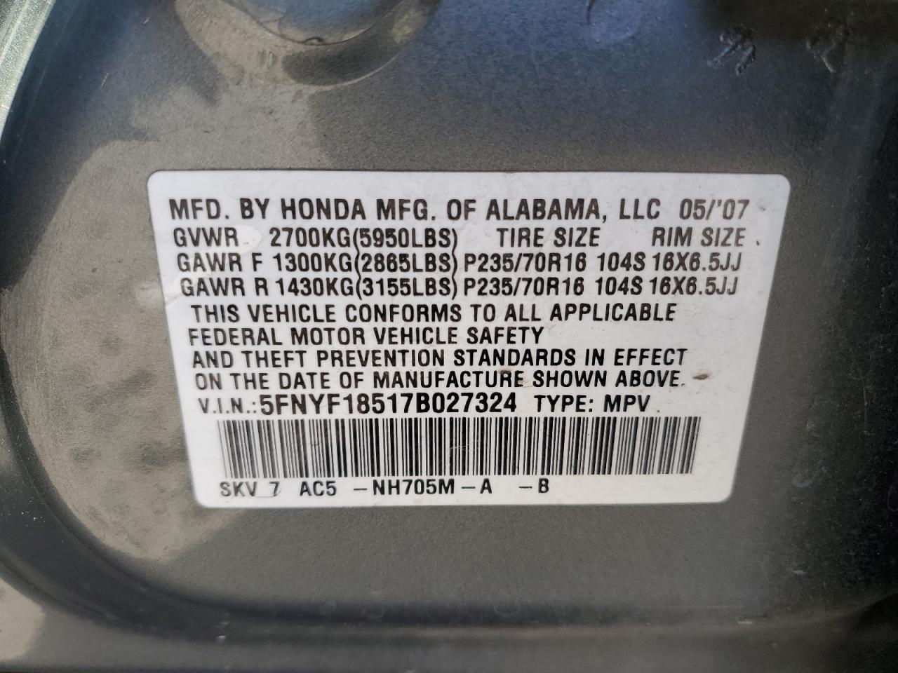 5FNYF18517B027324 2007 Honda Pilot Exl