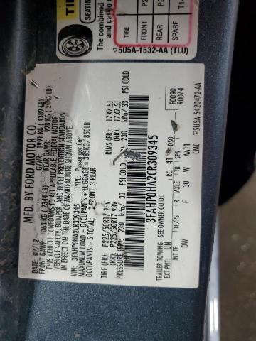 2012 Ford Fusion Se VIN: 3FAHP0HA2CR309345 Lot: 58343264