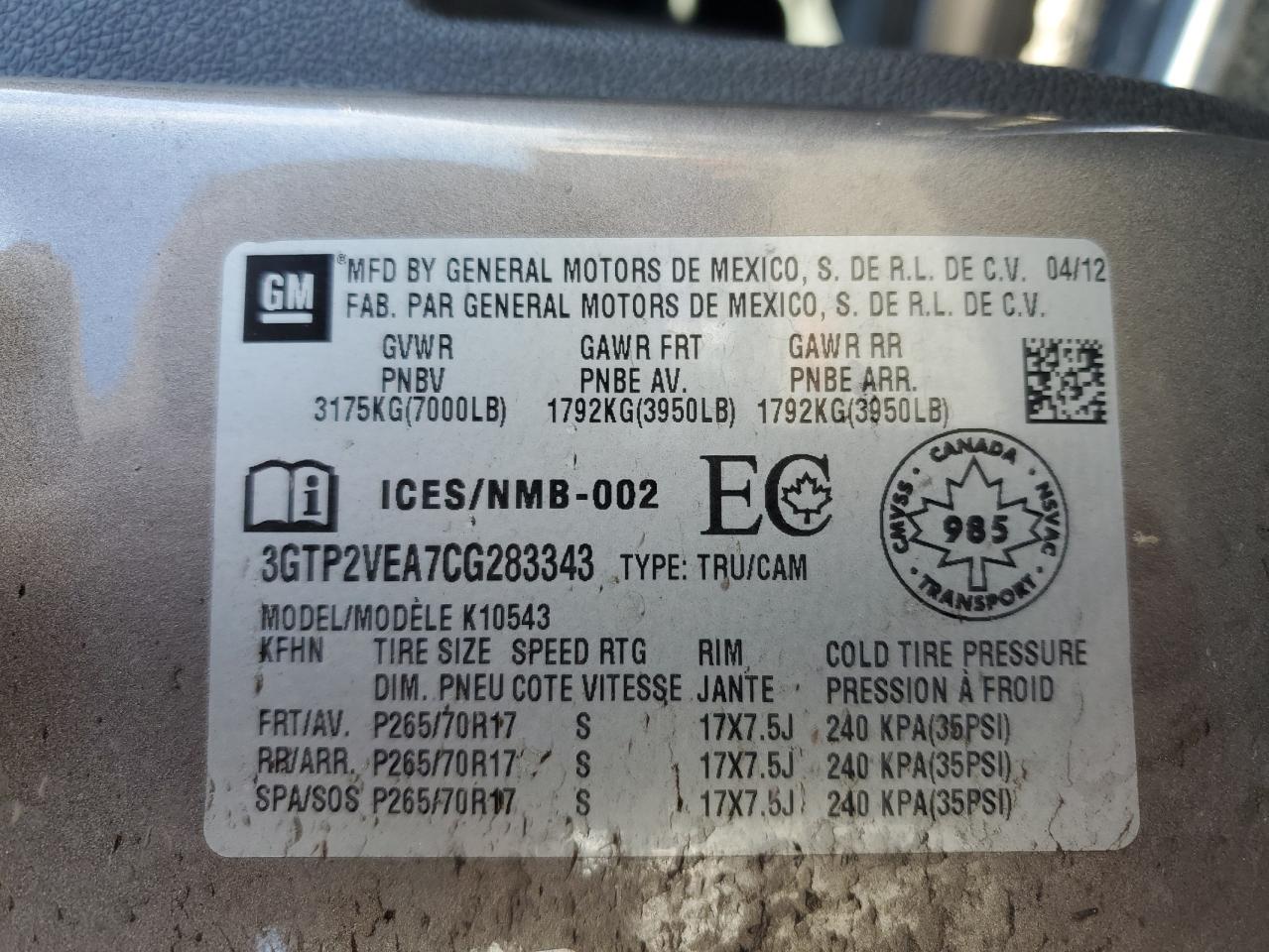 3GTP2VEA7CG283343 2012 GMC Sierra K1500 Sle