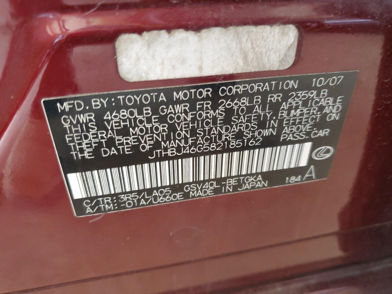 JTHBJ46G582185162 2008 Lexus Es 350