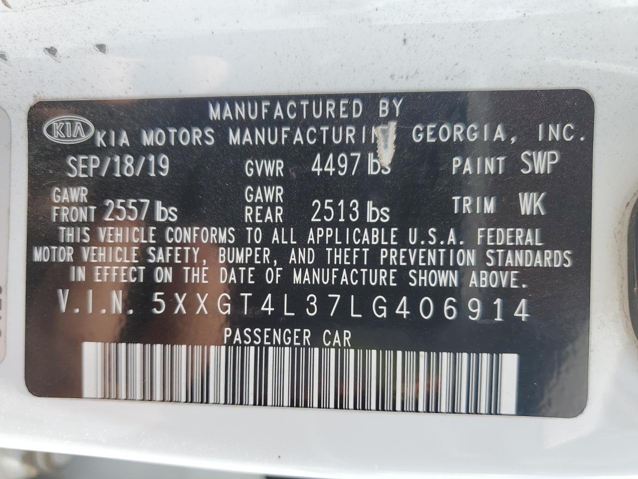 5XXGT4L37LG406914 2020 Kia Optima Lx