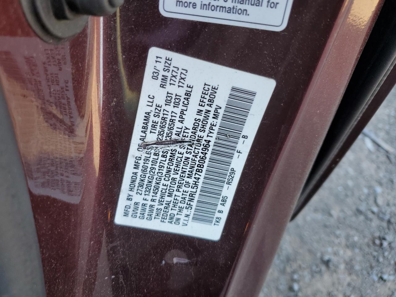 5FNRL5H47BB064964 2011 Honda Odyssey Ex