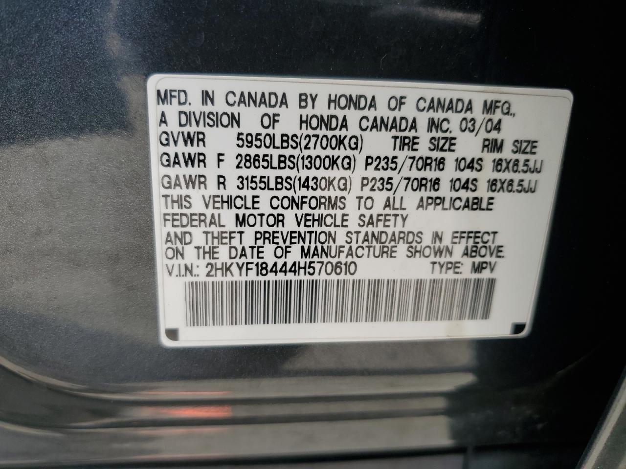 2HKYF18444H570610 2004 Honda Pilot Ex