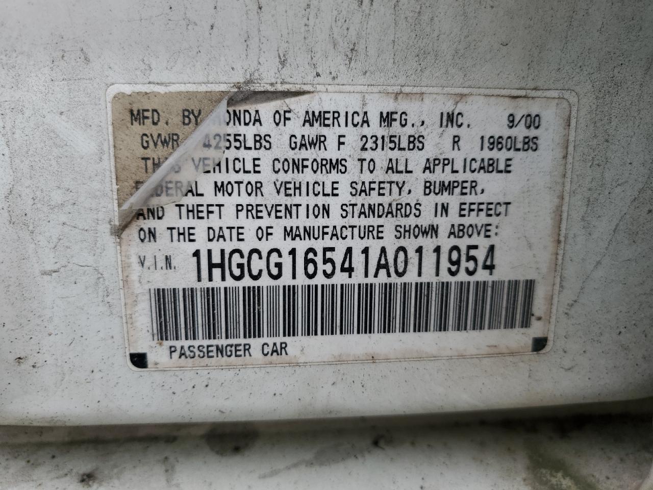 1HGCG16541A011954 2001 Honda Accord Ex