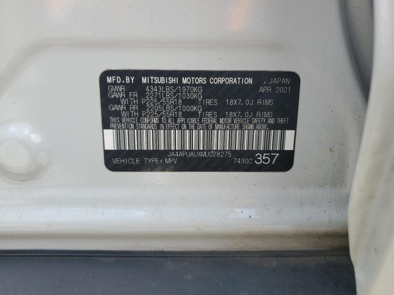 JA4APUAUXMU028275 2021 Mitsubishi Outlander Sport Es