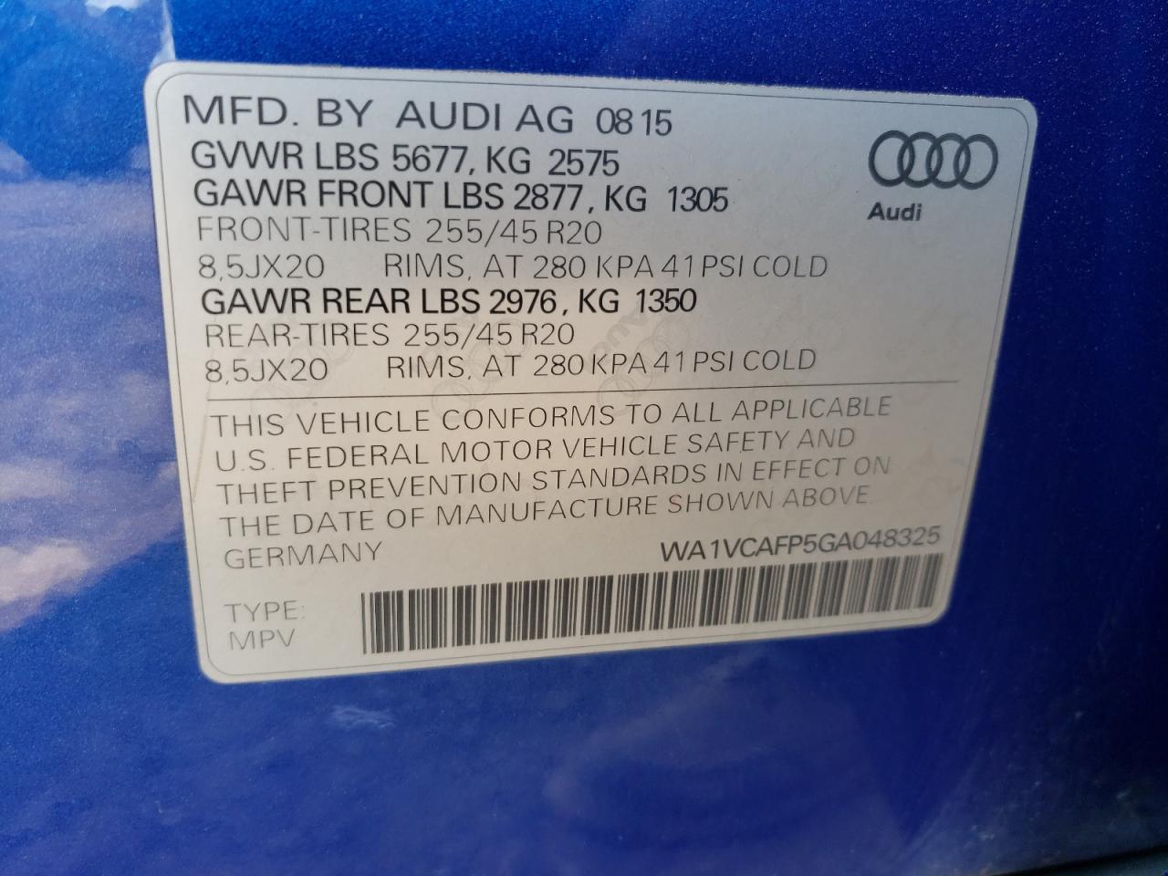 WA1VCAFP5GA048325 2016 Audi Sq5 Prestige