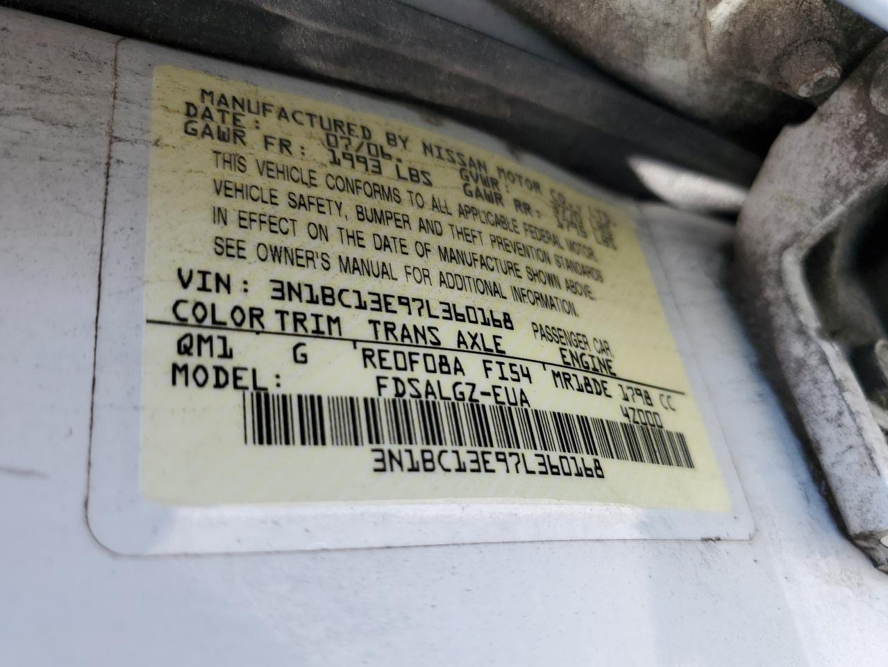 3N1BC13E97L360168 2007 Nissan Versa S