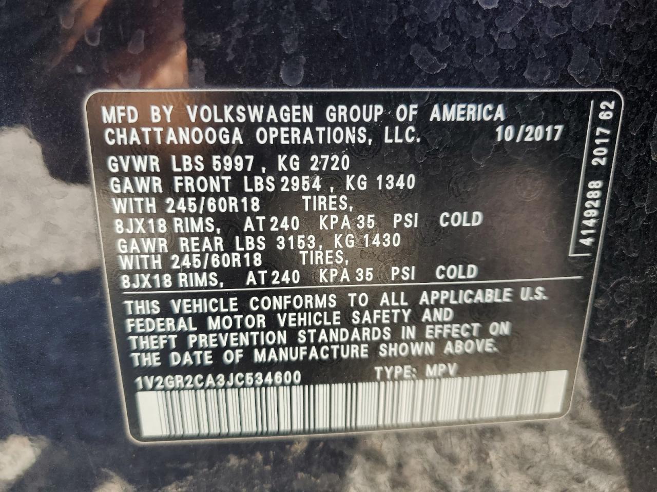 1V2GR2CA3JC534600 2018 Volkswagen Atlas S