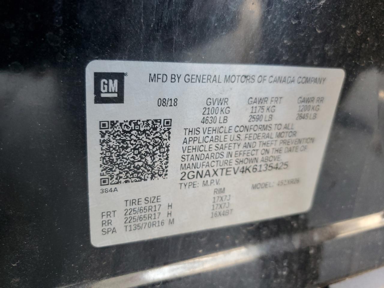 2GNAXTEV4K6135425 2019 Chevrolet Equinox Lt