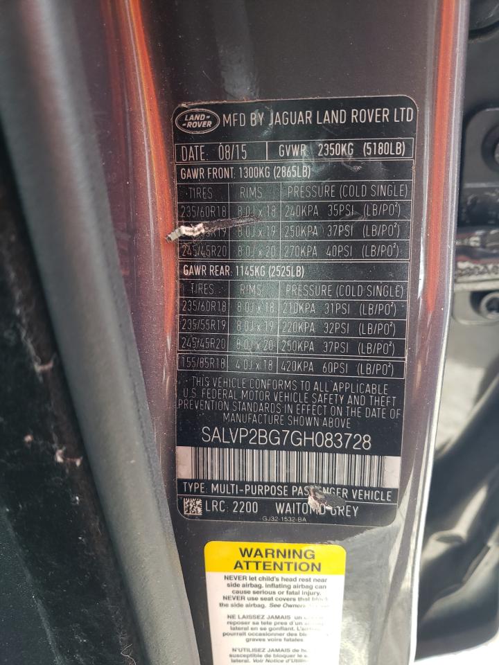 SALVP2BG7GH083728 2016 Land Rover Range Rover Evoque Se